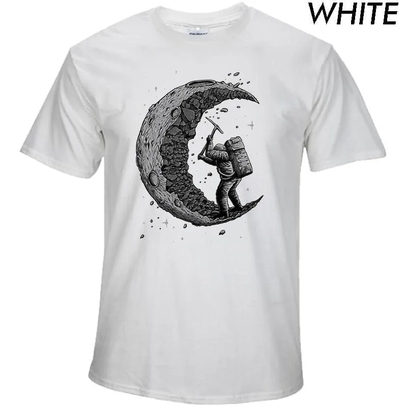 100% Cotton Digging the Moon Print Funny O-neck T-Shirt for Men