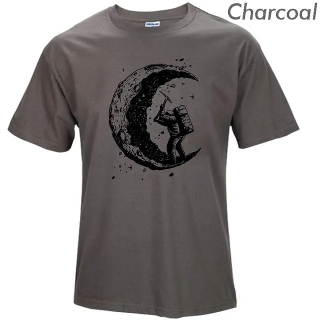 100% Cotton Digging the Moon Print Funny O-neck T-Shirt for Men