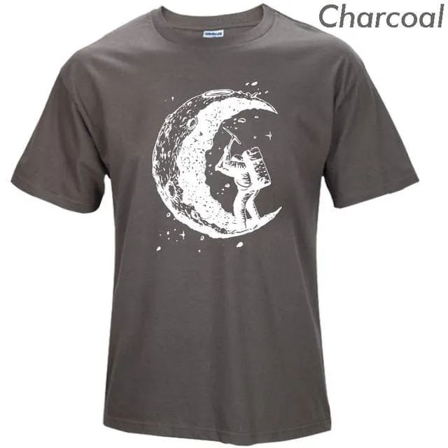 100% Cotton Digging the Moon Print Funny O-neck T-Shirt for Men