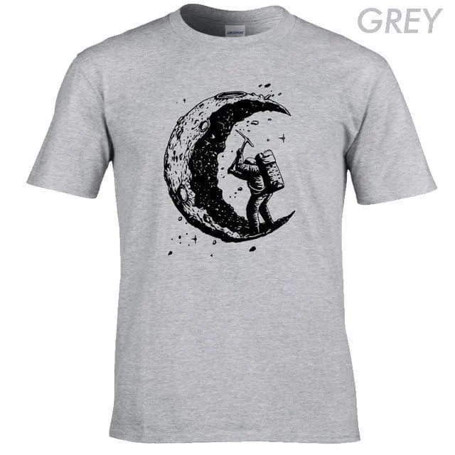 100% Cotton Digging the Moon Print Funny O-neck T-Shirt for Men