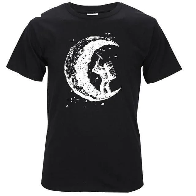 100% Cotton Digging the Moon Print Funny O-neck T-Shirt for Men