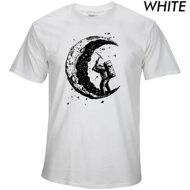 100% Cotton Digging the Moon Print Funny O-neck T-Shirt for Men