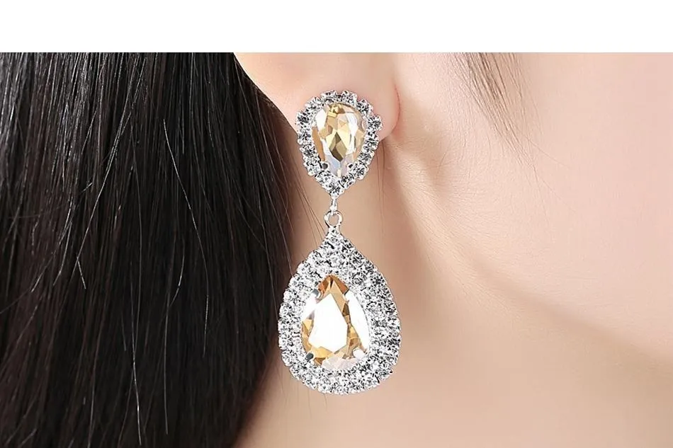 6 Colors Bridal Party Wedding Jewelry Clear Crystal Teardrop Long Earrings