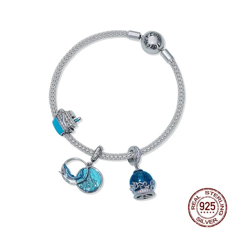 925 Sterling Silver Blue Crystal Ball Hanging Charms Bracelet for Women