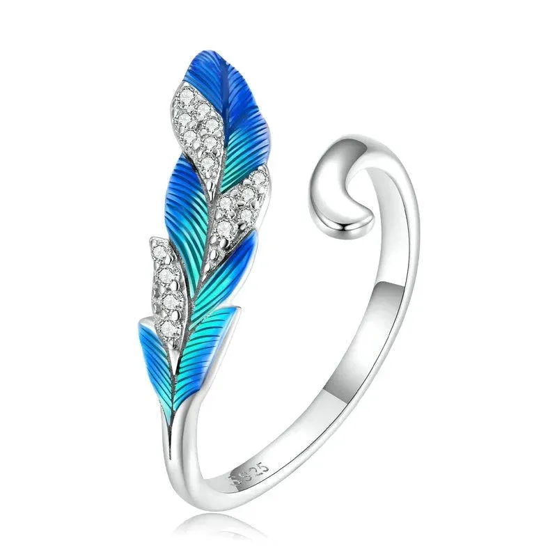 925 Sterling Silver Dazzling Blue Feather Pave Setting CZ Ring for Women