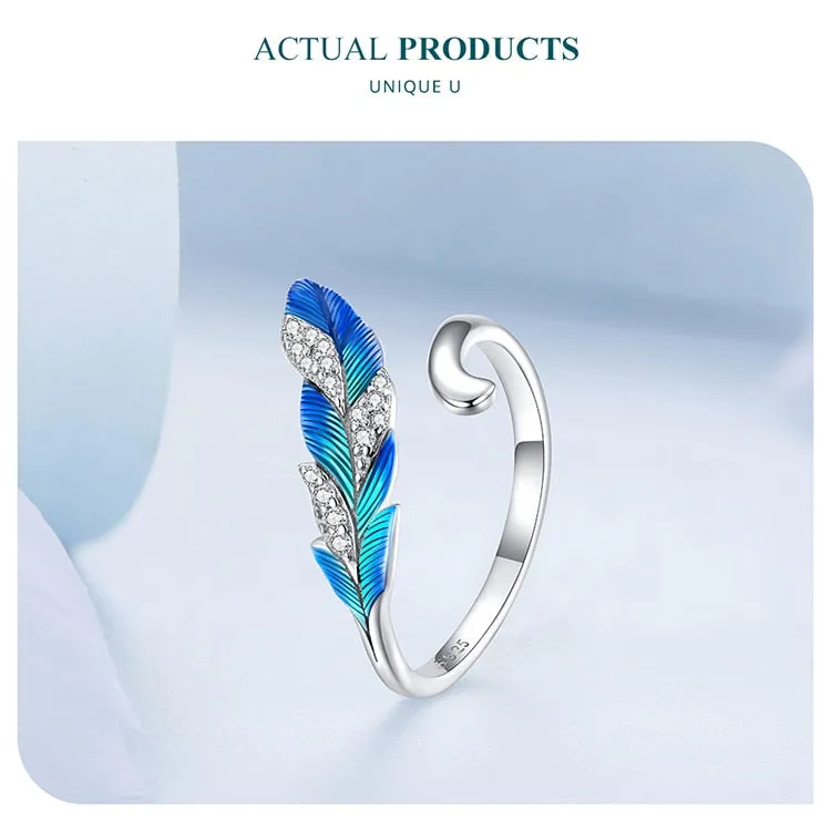 925 Sterling Silver Dazzling Blue Feather Pave Setting CZ Ring for Women