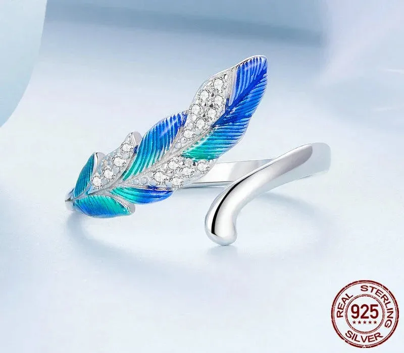 925 Sterling Silver Dazzling Blue Feather Pave Setting CZ Ring for Women