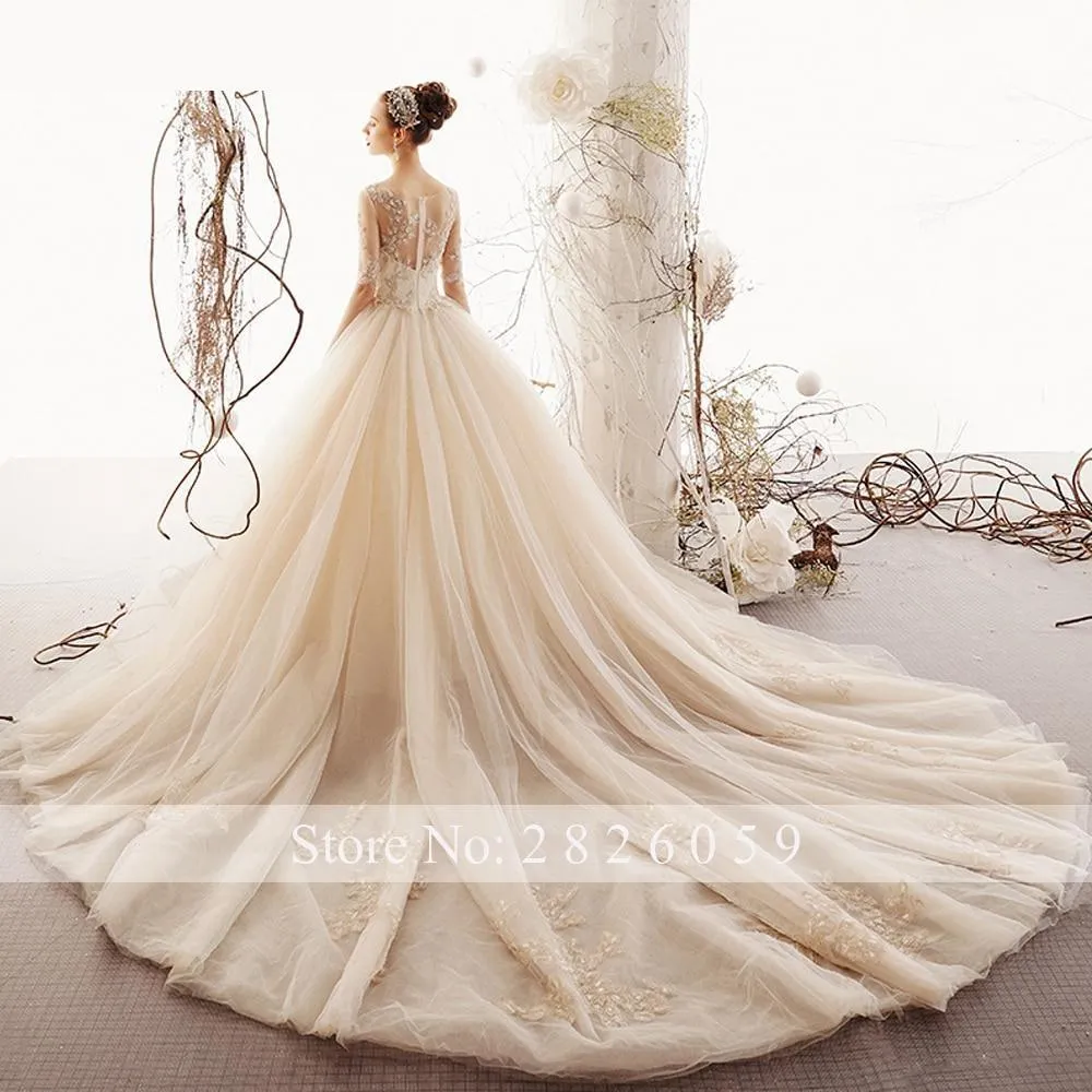 A-Line Champagne Half Sleeves Scoop Neck Beaded Wedding Dresses