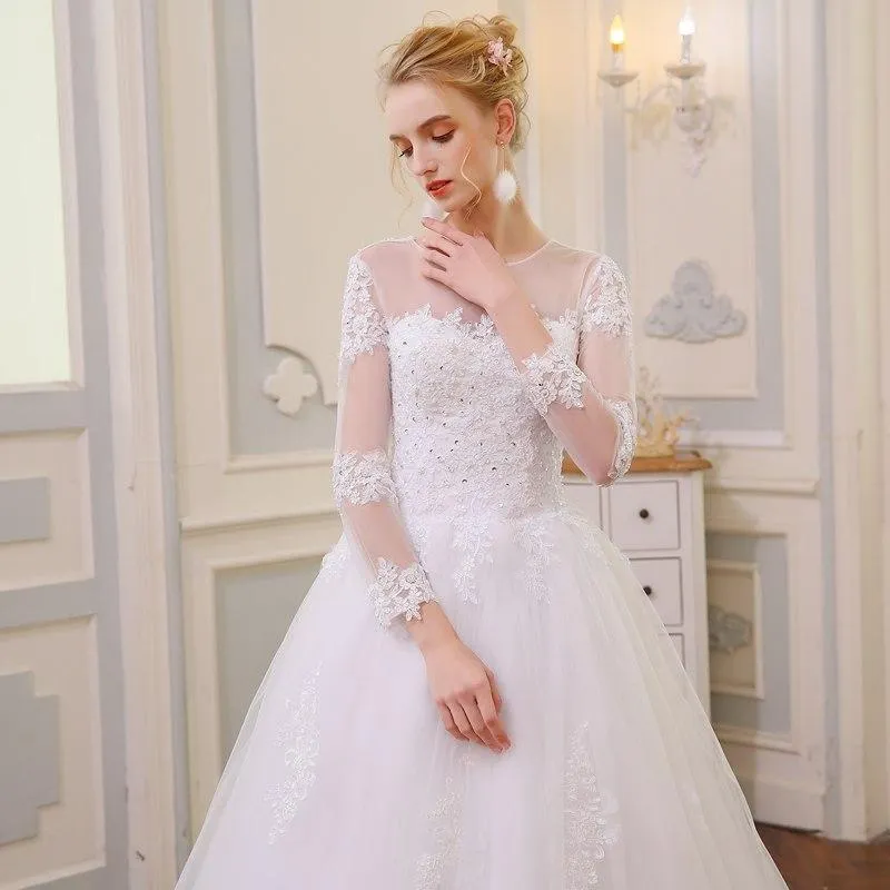 Arabic Dubai A-Line Gown Long Sleeves Big Train Lace Wedding Dress