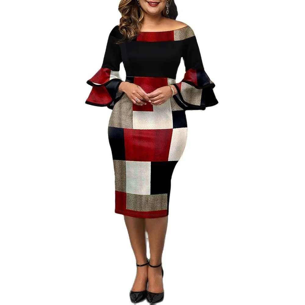 Autumn Plus Size Women's Geometric Print Layered Bell Sleeves Party Dress