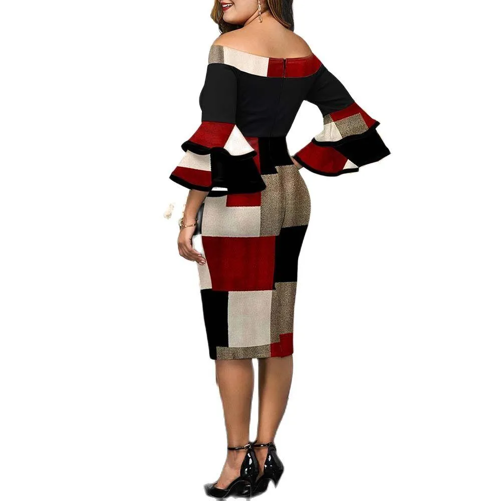 Autumn Plus Size Women's Geometric Print Layered Bell Sleeves Party Dress