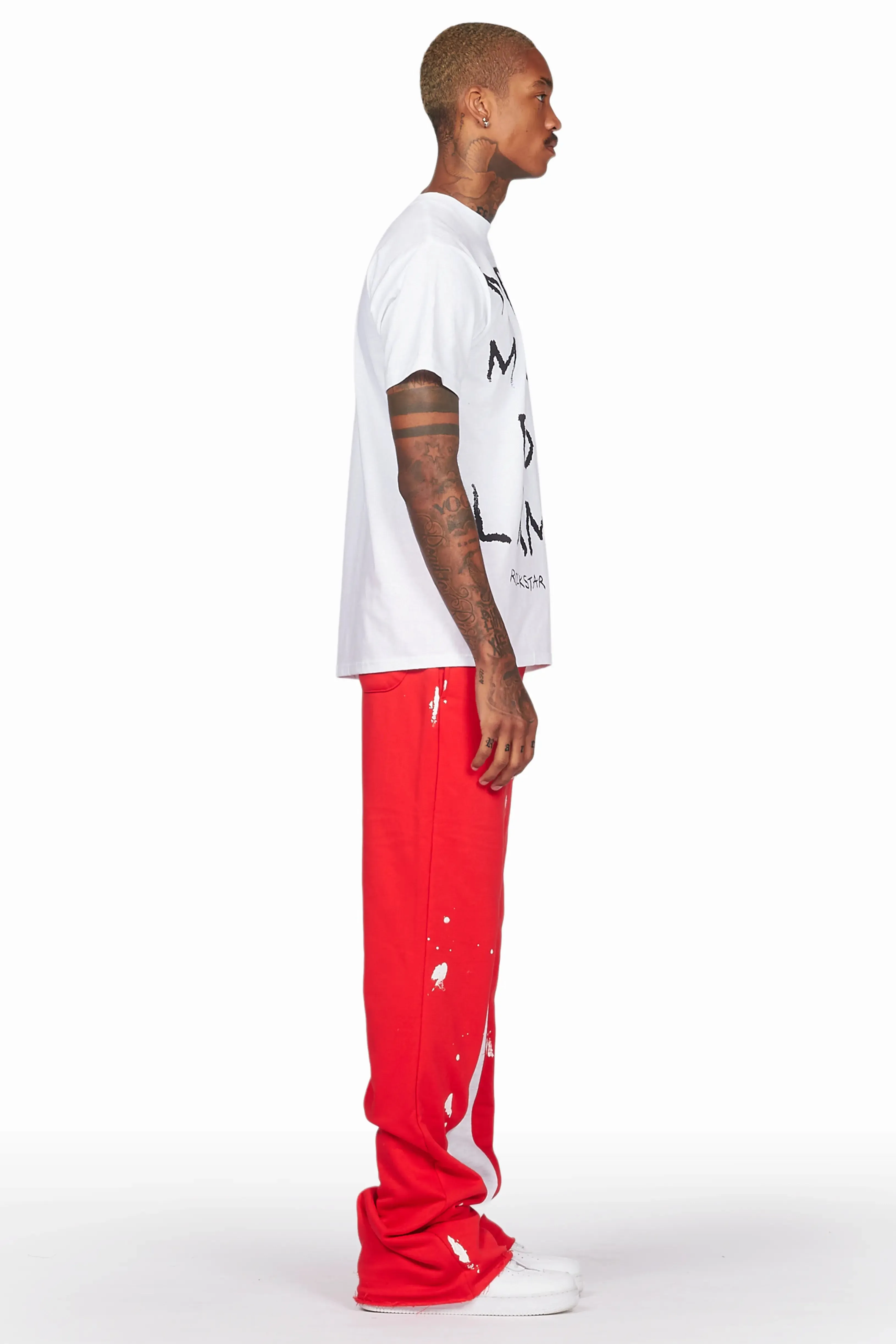 Baback Red Patchwork Stacked Baggy Flare Pants