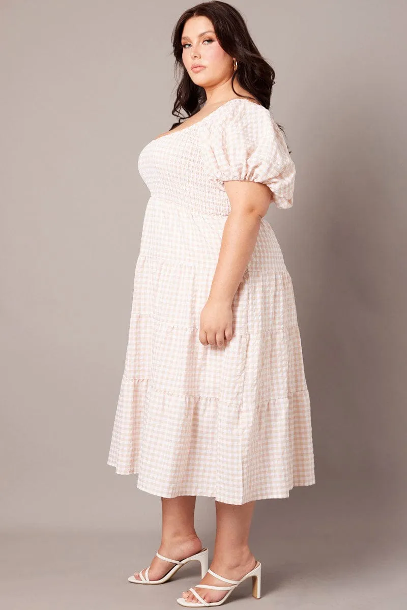 Beige Check Midi Dress Short Sleeve Shirred