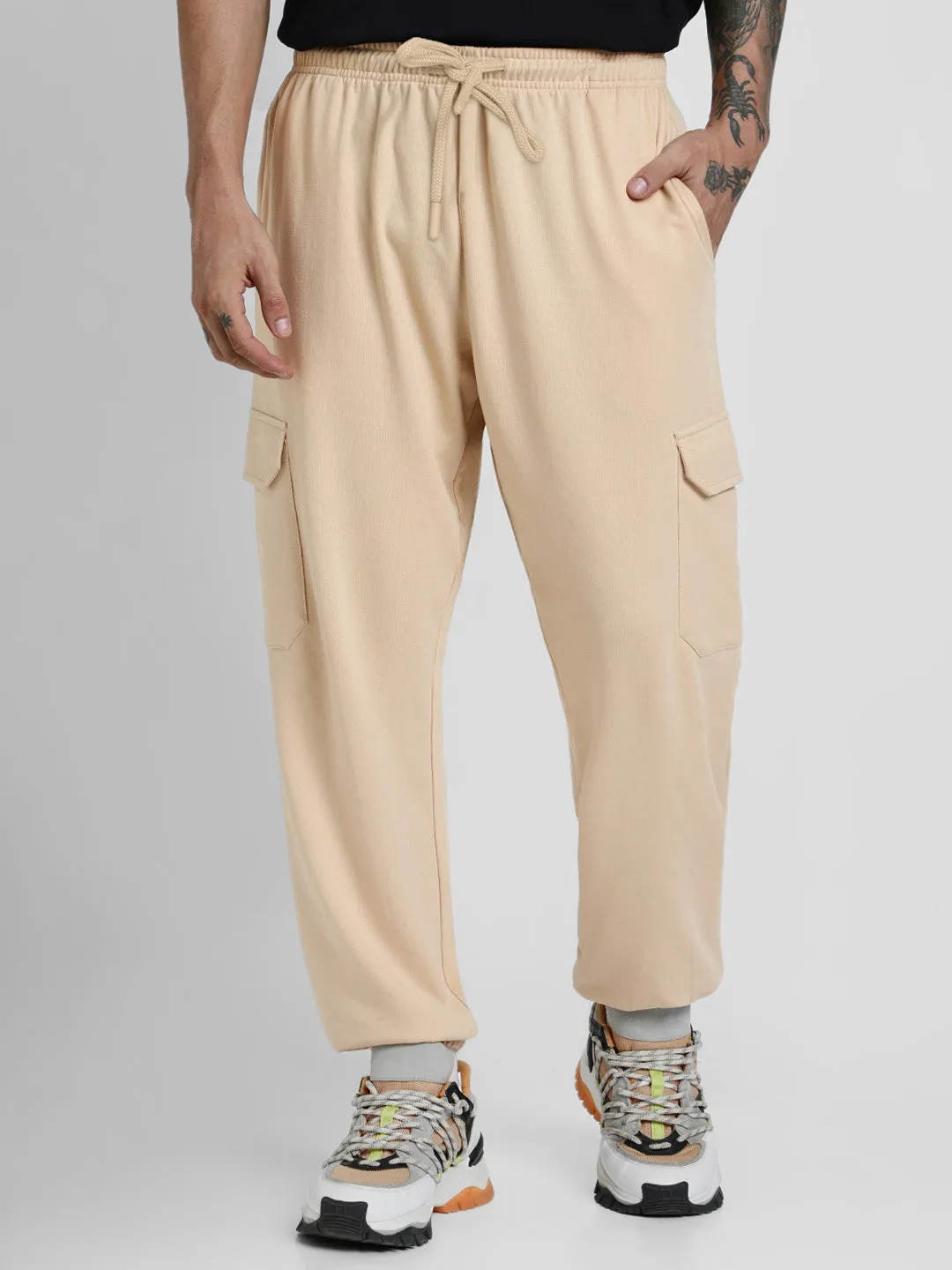 Beige Solid Baggy Fit Cargo Pants