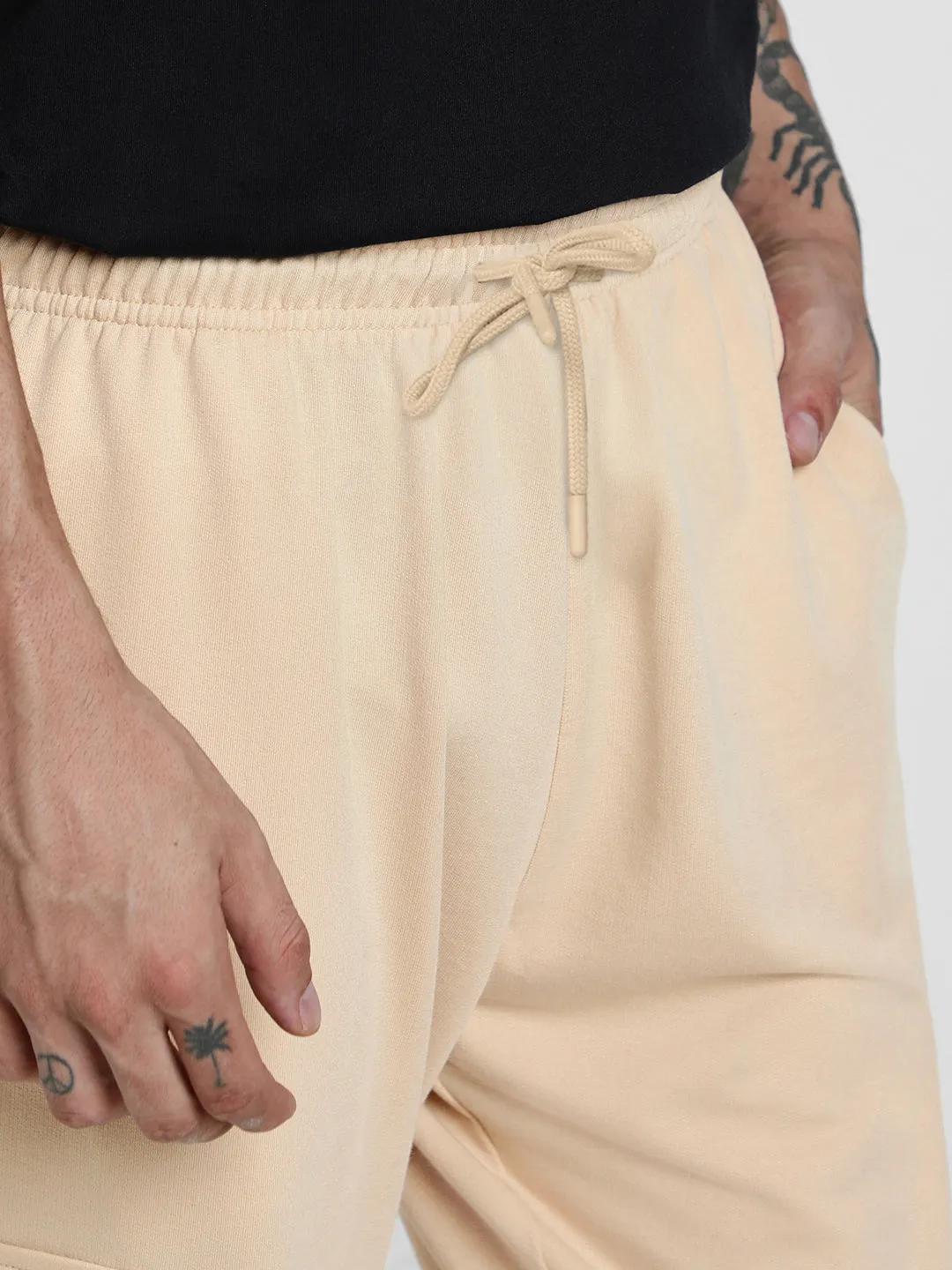 Beige Solid Baggy Fit Cargo Pants