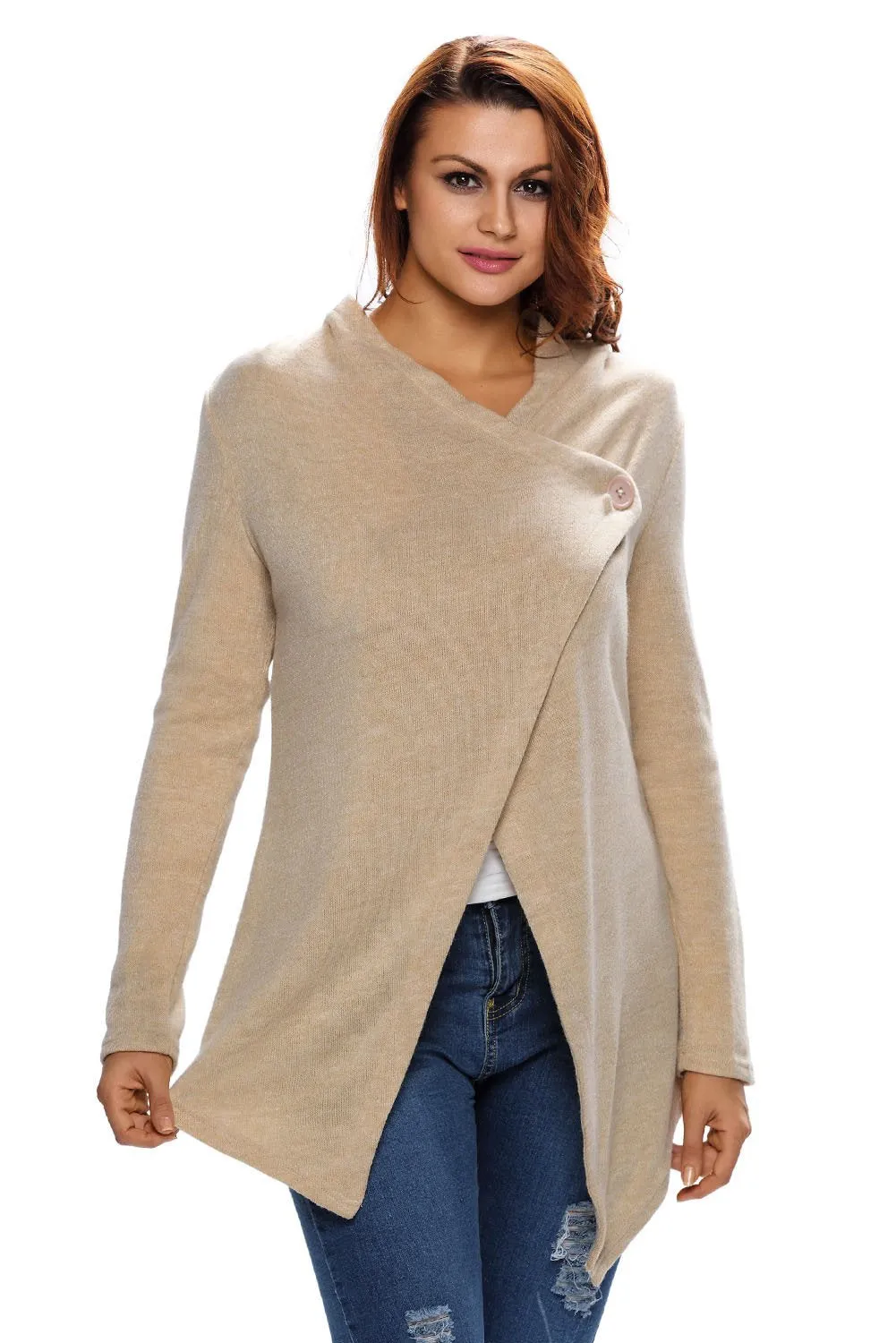 Beige V Neck Wrapped Sweater