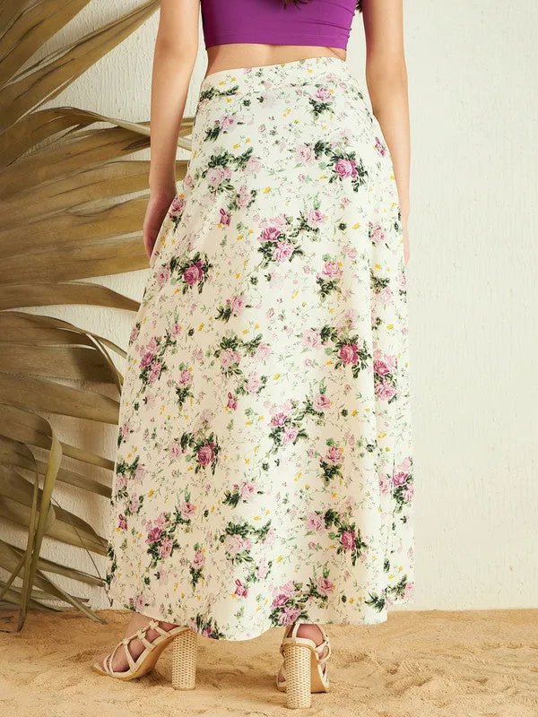 Berrylush Women Beige & Pink Floral Printed High-Rise Waist Zipper-Up Straight Hem Thigh-High Slit A-Line Maxi Skirt