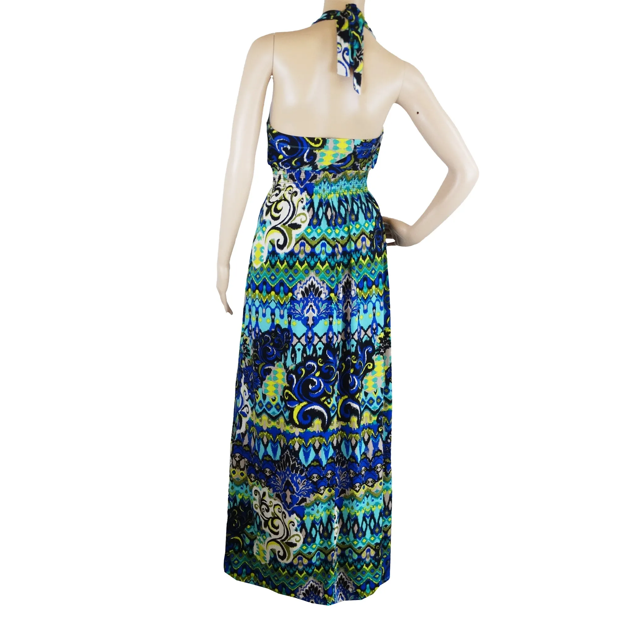 Bisou Bisou Blue and Black Boho Maxi Halter Sundress - M - Michelle Bohbot