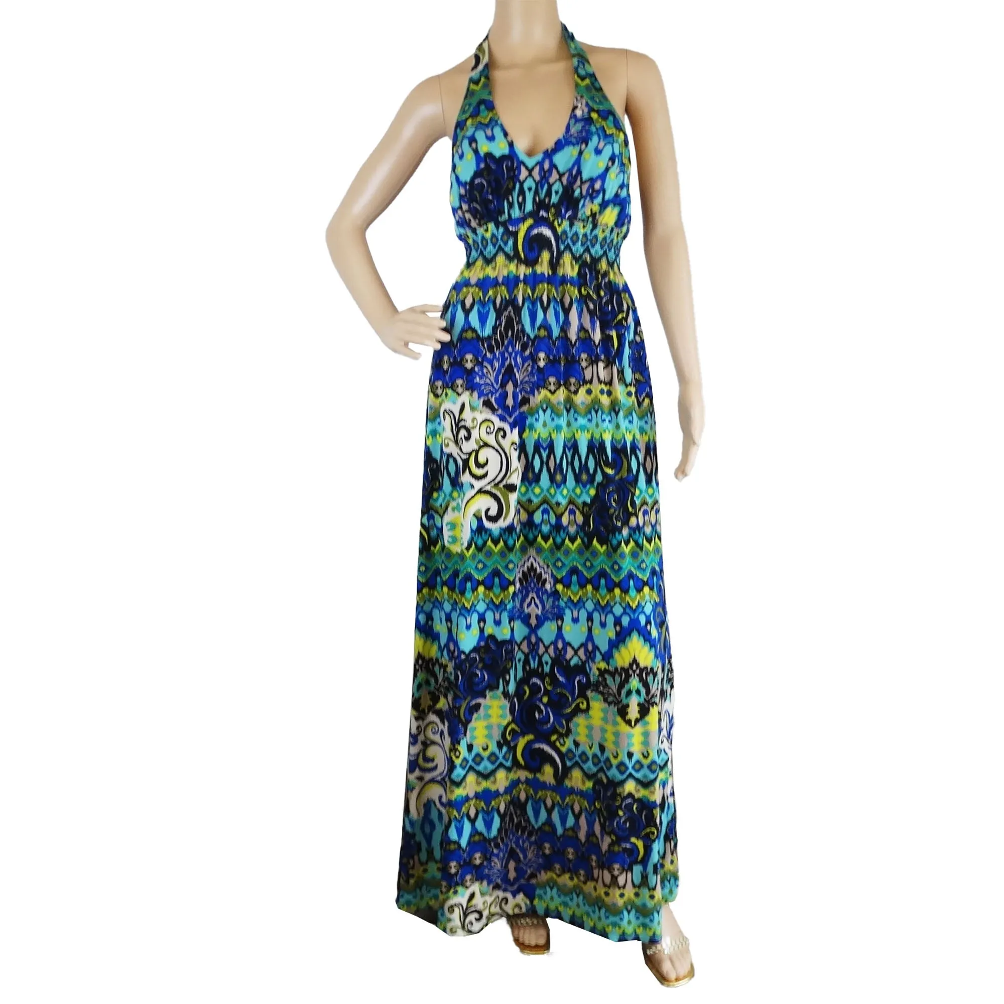 Bisou Bisou Blue and Black Boho Maxi Halter Sundress - M - Michelle Bohbot