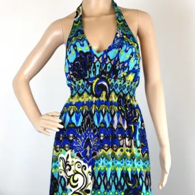 Bisou Bisou Blue and Black Boho Maxi Halter Sundress - M - Michelle Bohbot