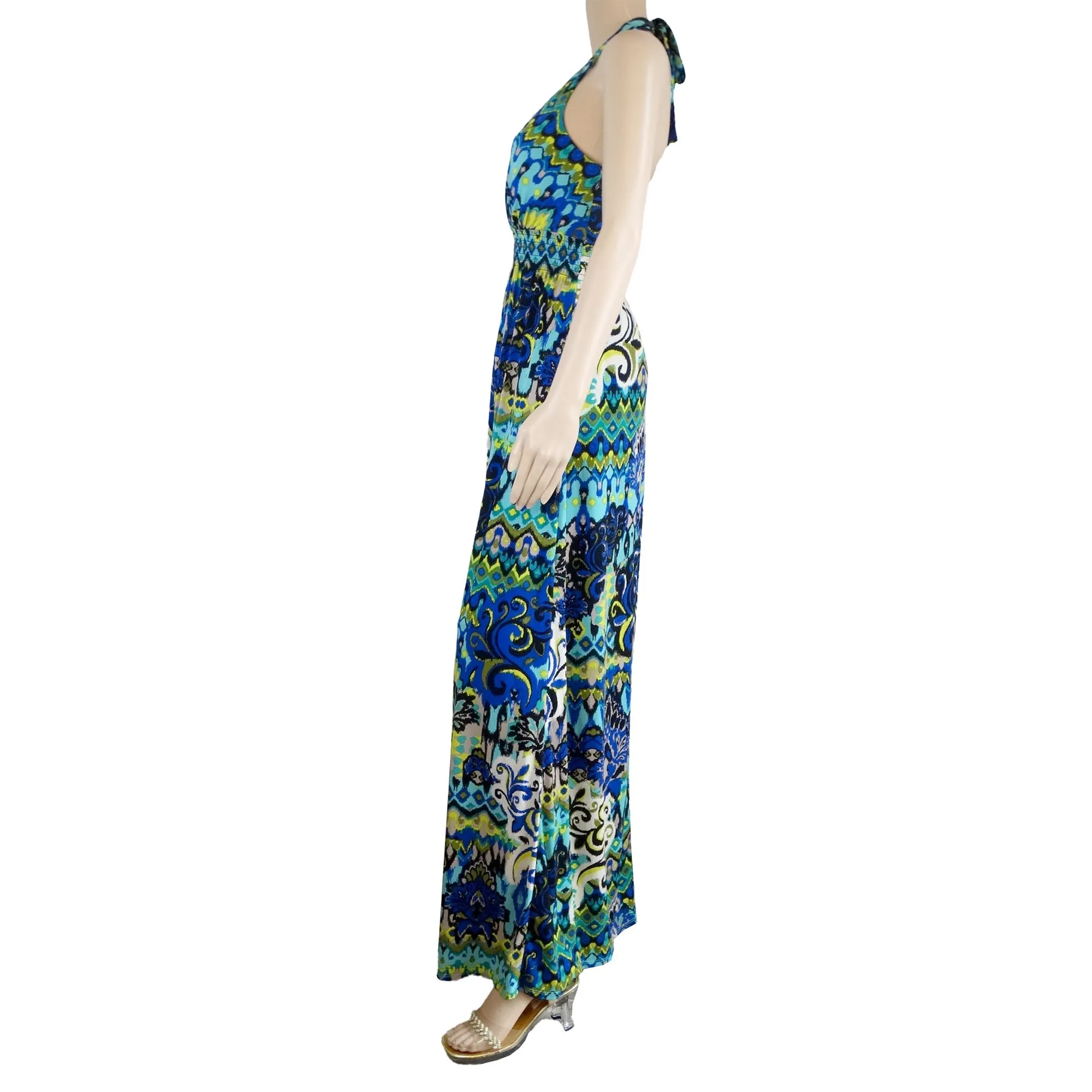 Bisou Bisou Blue and Black Boho Maxi Halter Sundress - M - Michelle Bohbot