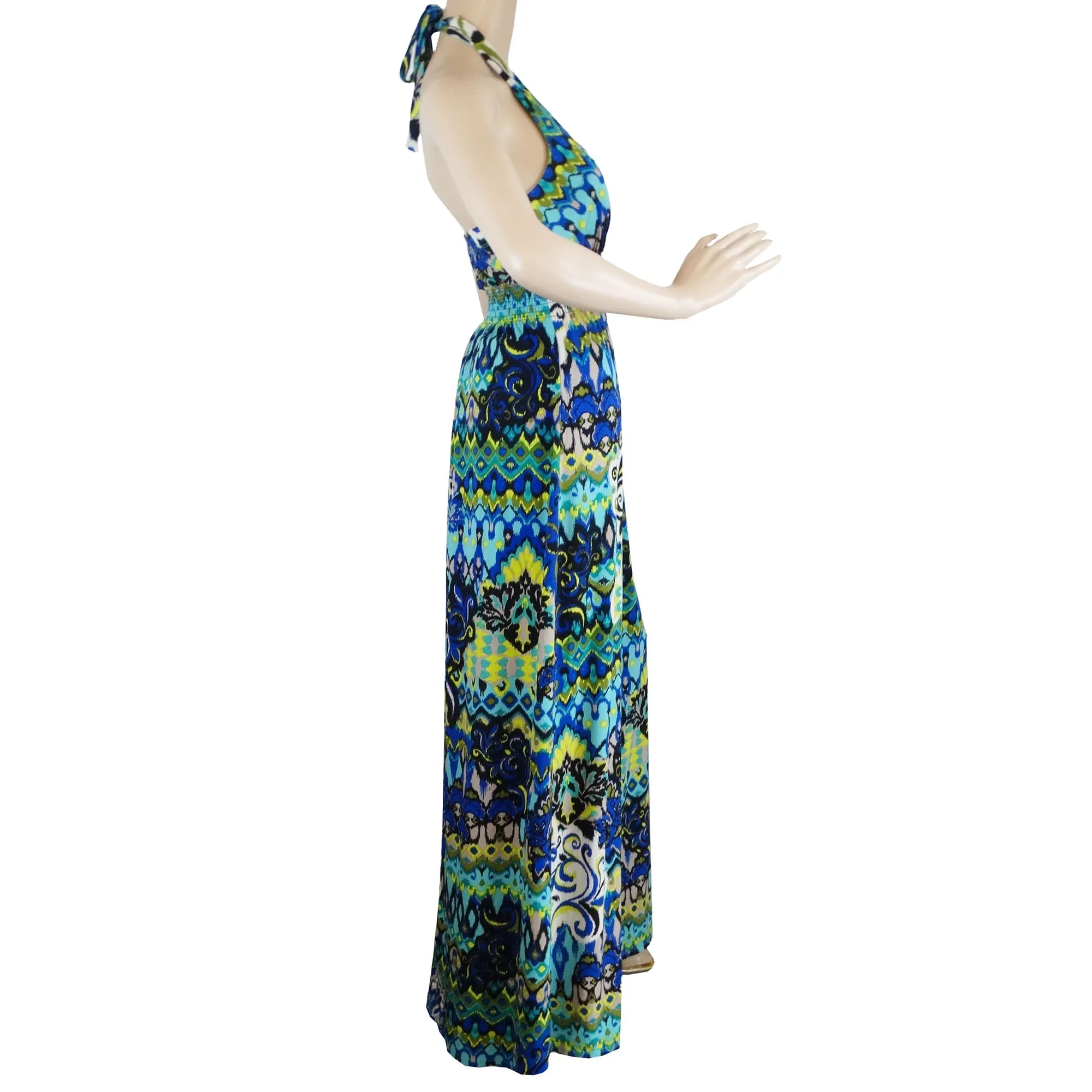 Bisou Bisou Blue and Black Boho Maxi Halter Sundress - M - Michelle Bohbot