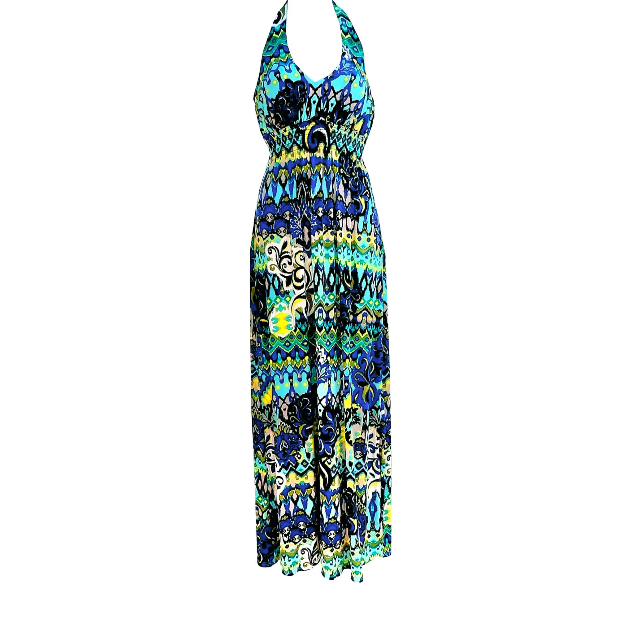 Bisou Bisou Blue and Black Boho Maxi Halter Sundress - M - Michelle Bohbot