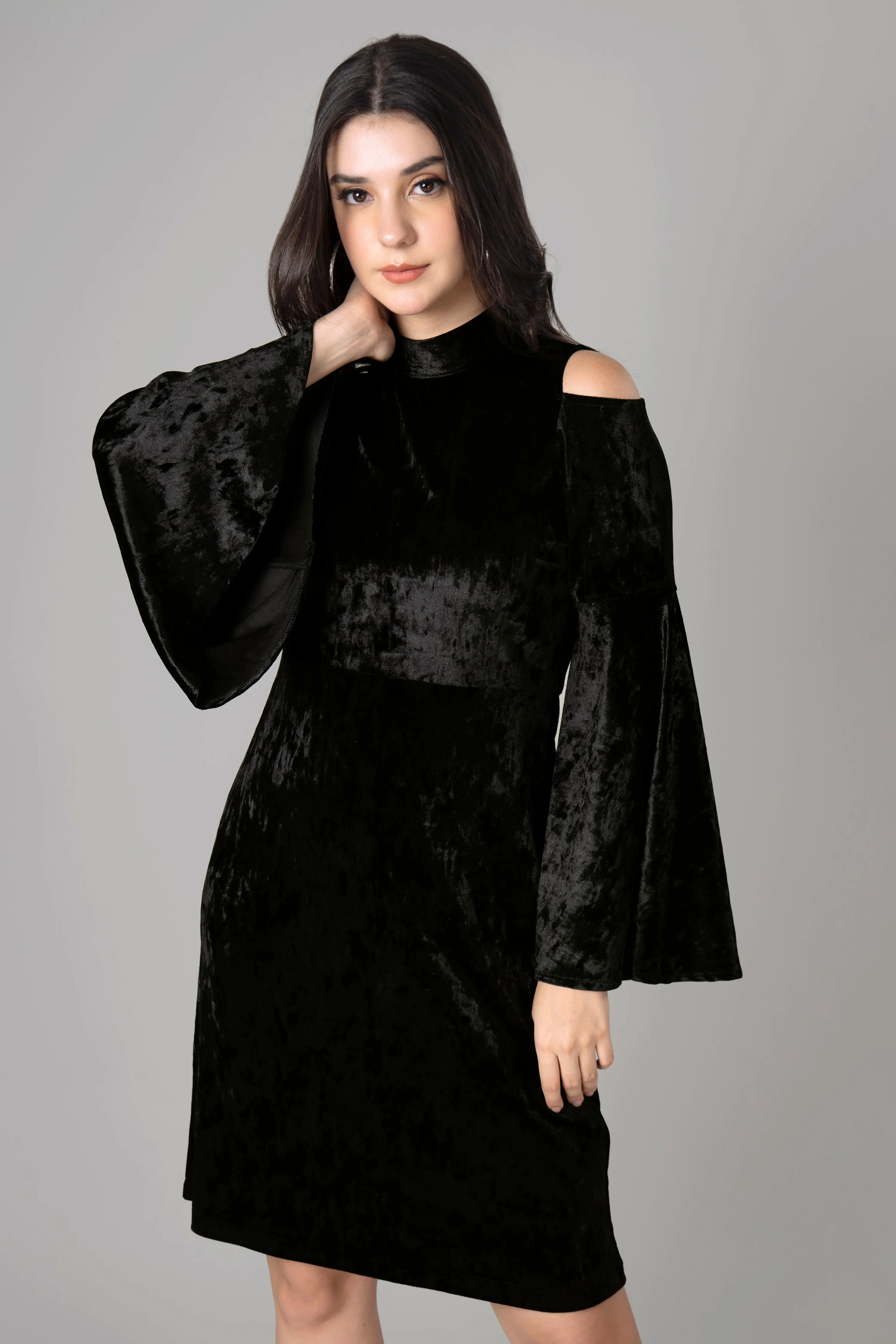 Black Bell Sleeve Velvet Midi Dress For Women