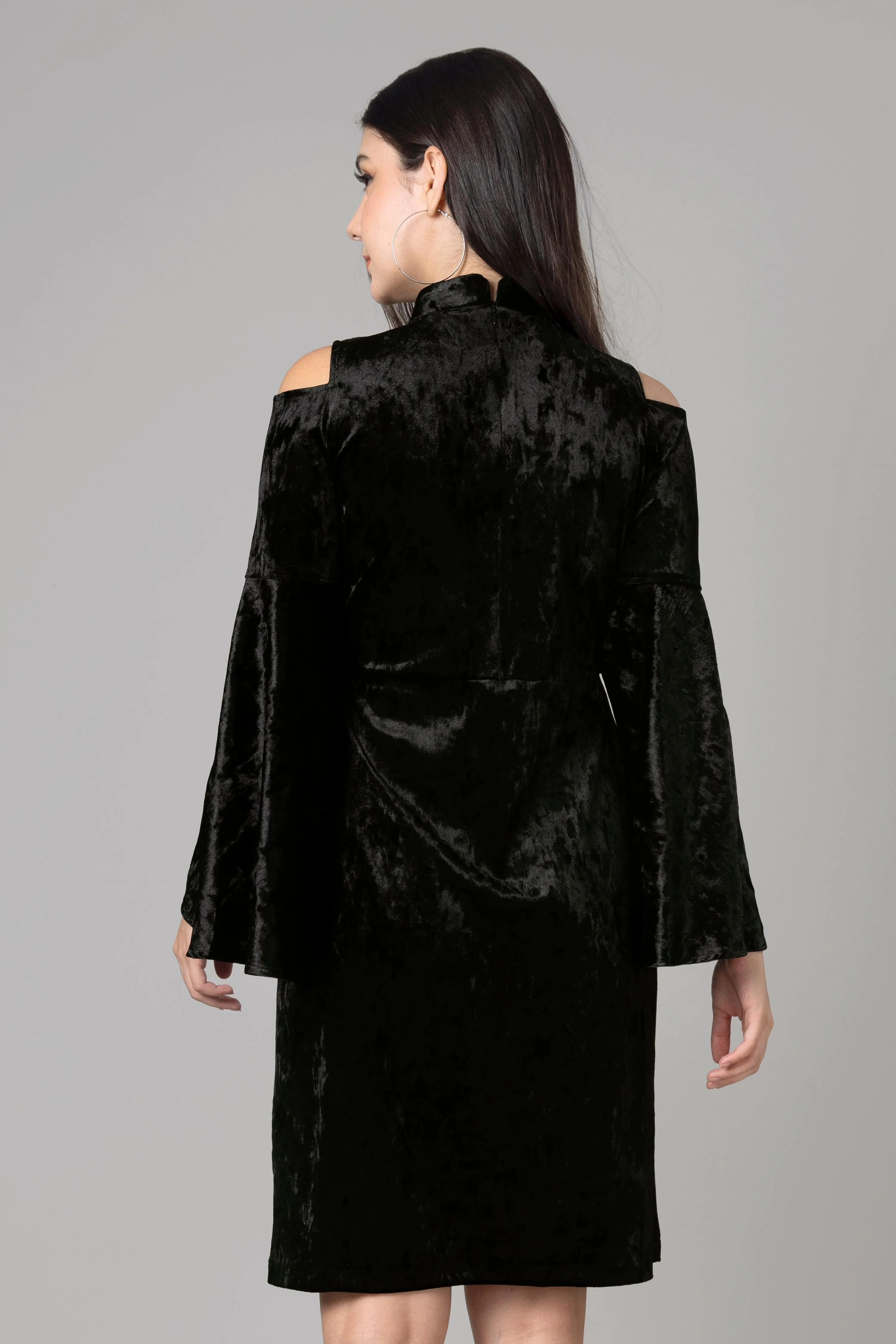 Black Bell Sleeve Velvet Midi Dress For Women