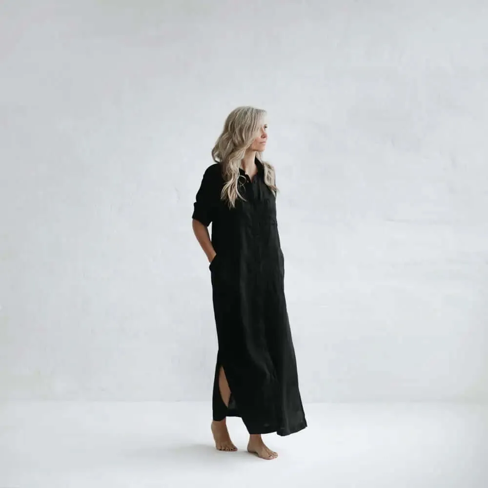 Black Maxi Linen Shirt-Dresses by Seaside Tones