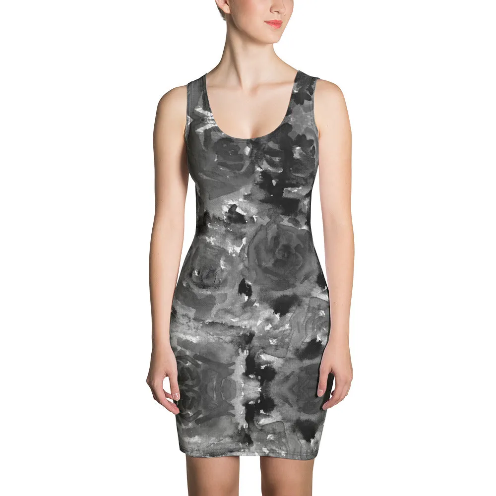 Black Rose Floral Print Dress, Best Women's Designer 1-Piece Sleeveless Dress-Made in USA/EU