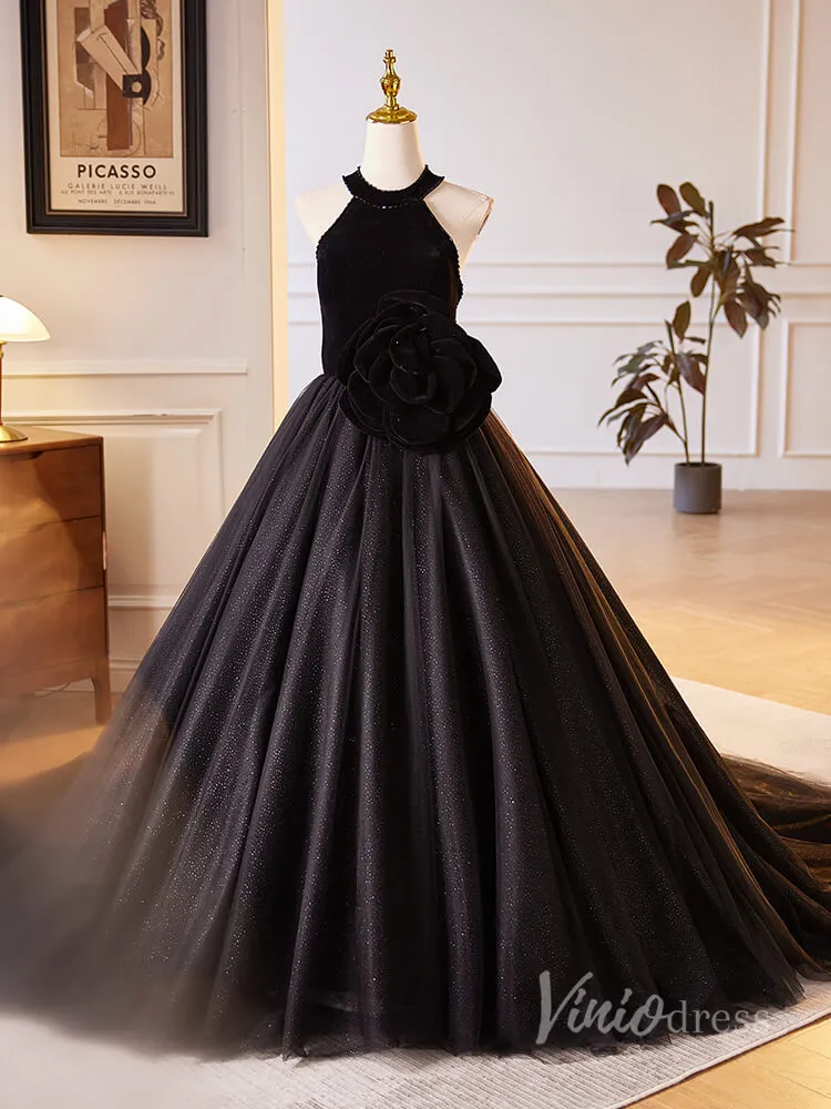 Black Rosette Sparkly Tulle Prom Dresses Halter Neck Velvet Bodice 90029