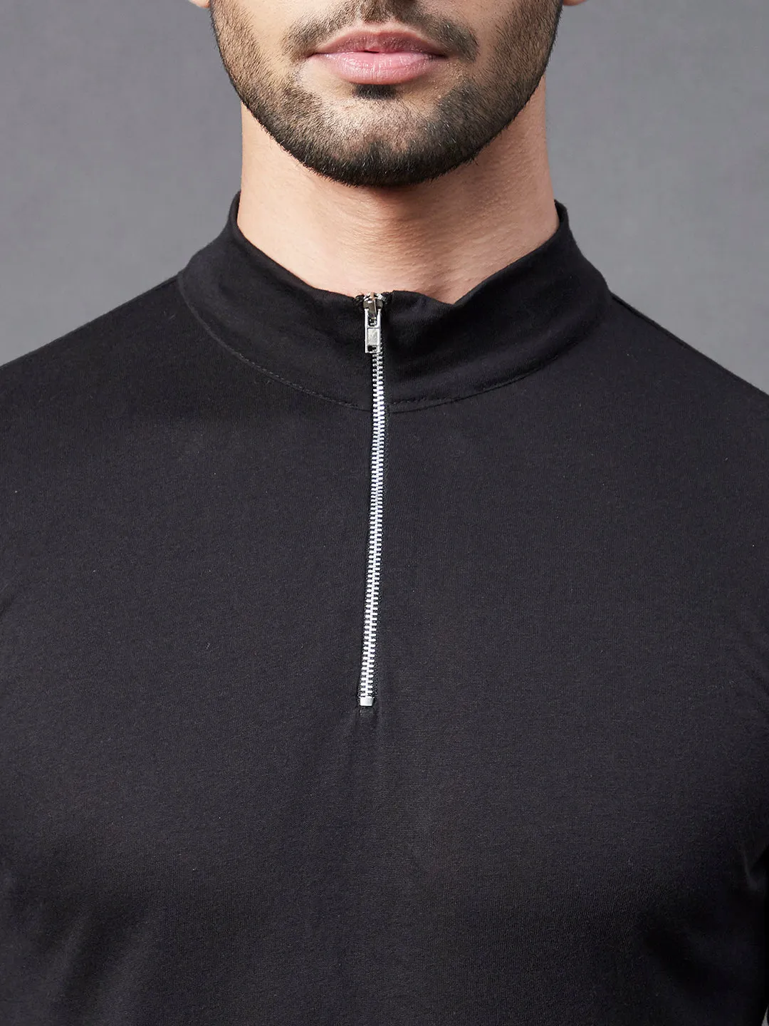 Black Zip Neck Full Sleeve Cotton T-Shirt