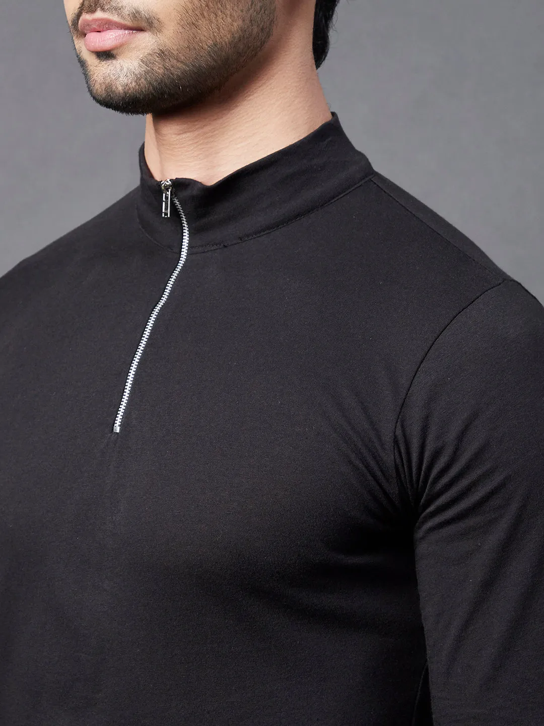 Black Zip Neck Full Sleeve Cotton T-Shirt