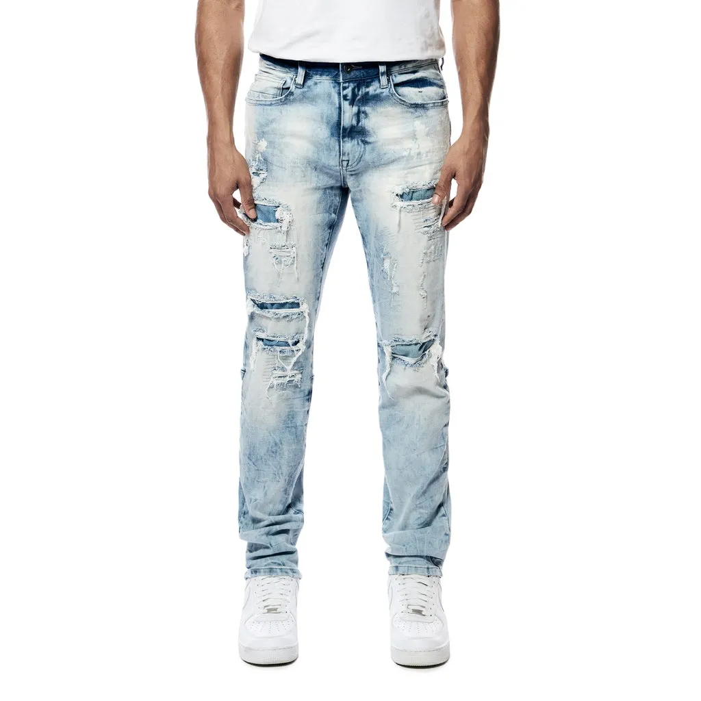 Bleach Washed Rip & Repaired Jeans - Cabana Blue