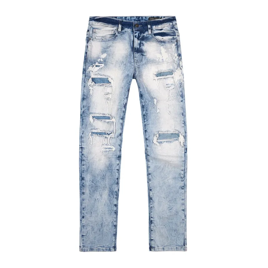 Bleach Washed Rip & Repaired Jeans - Cabana Blue