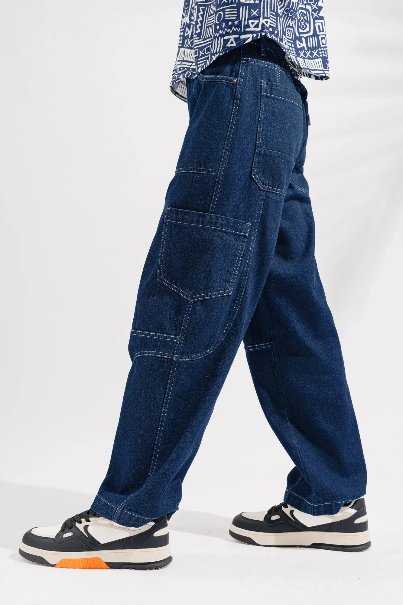 Blue Contrast Seam Cargo Men's Jeans