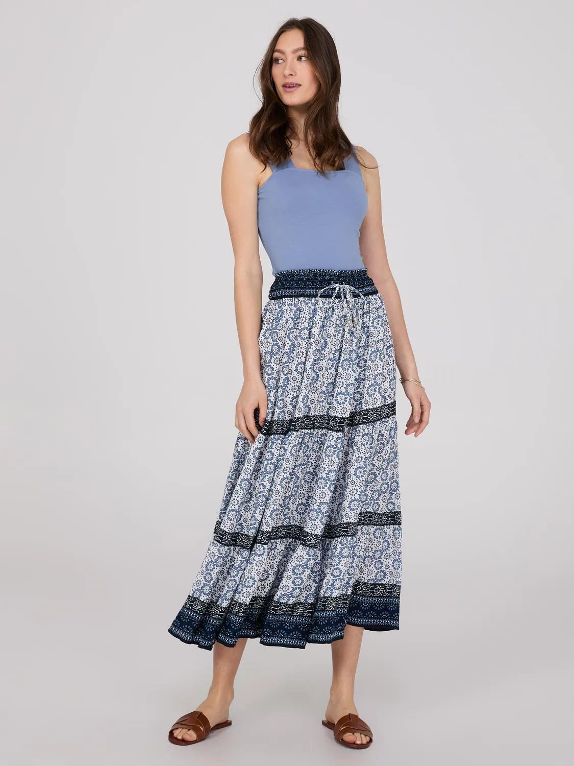 Border Print 3-Tier Maxi Skirt