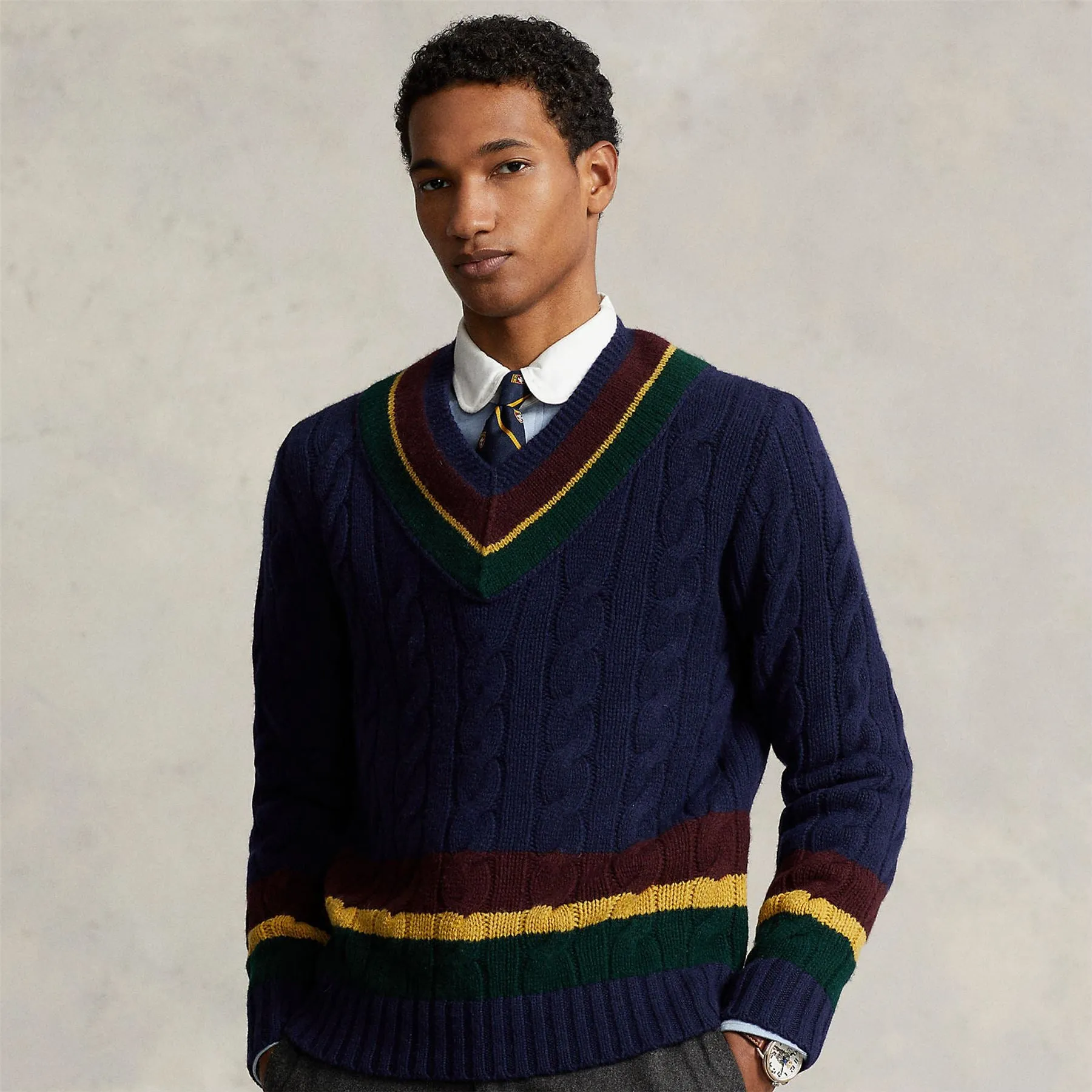 Cable Knit Wool-Cashmere Cricket Sweater Navy Combo - AW23