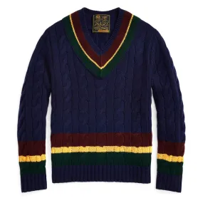 Cable Knit Wool-Cashmere Cricket Sweater Navy Combo - AW23