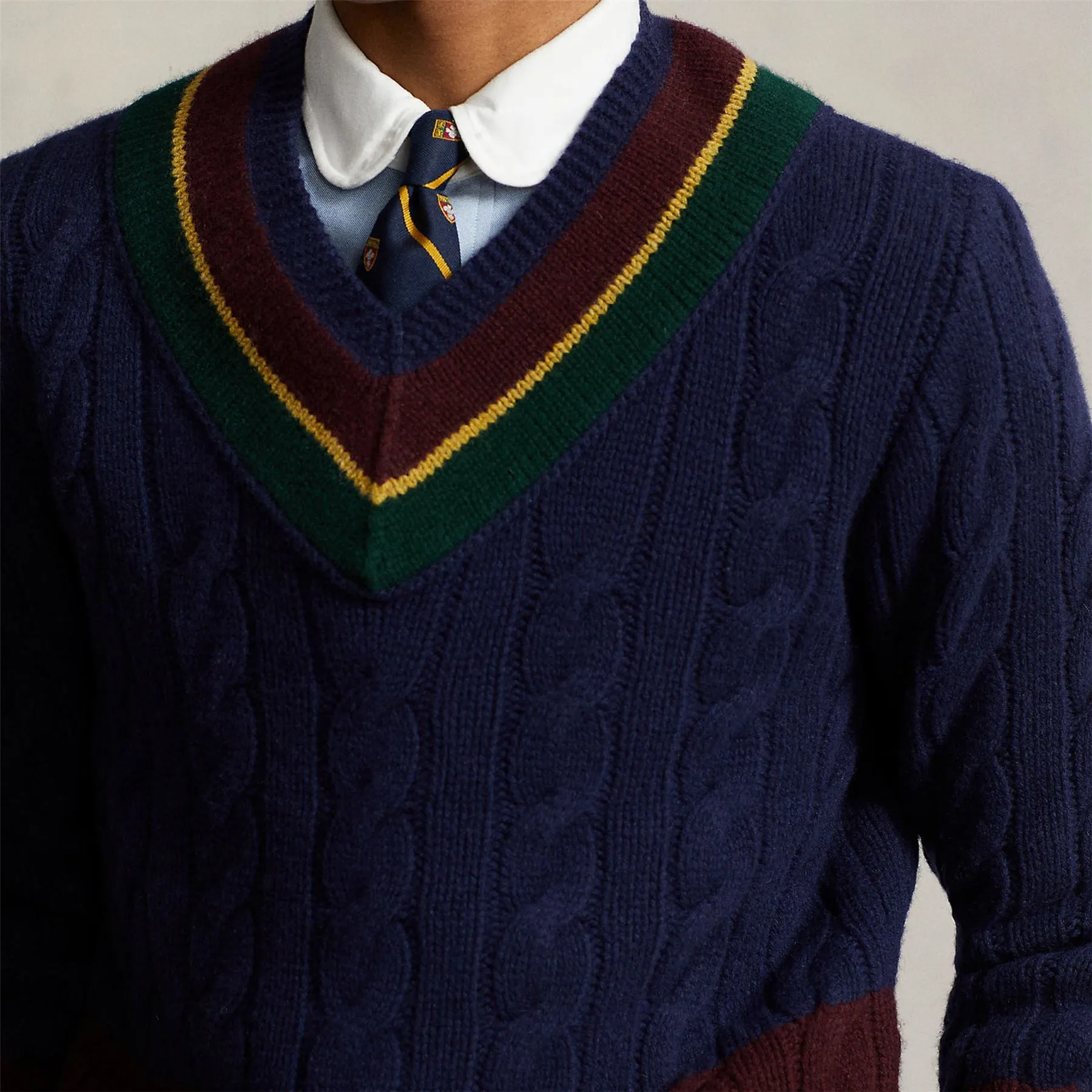 Cable Knit Wool-Cashmere Cricket Sweater Navy Combo - AW23