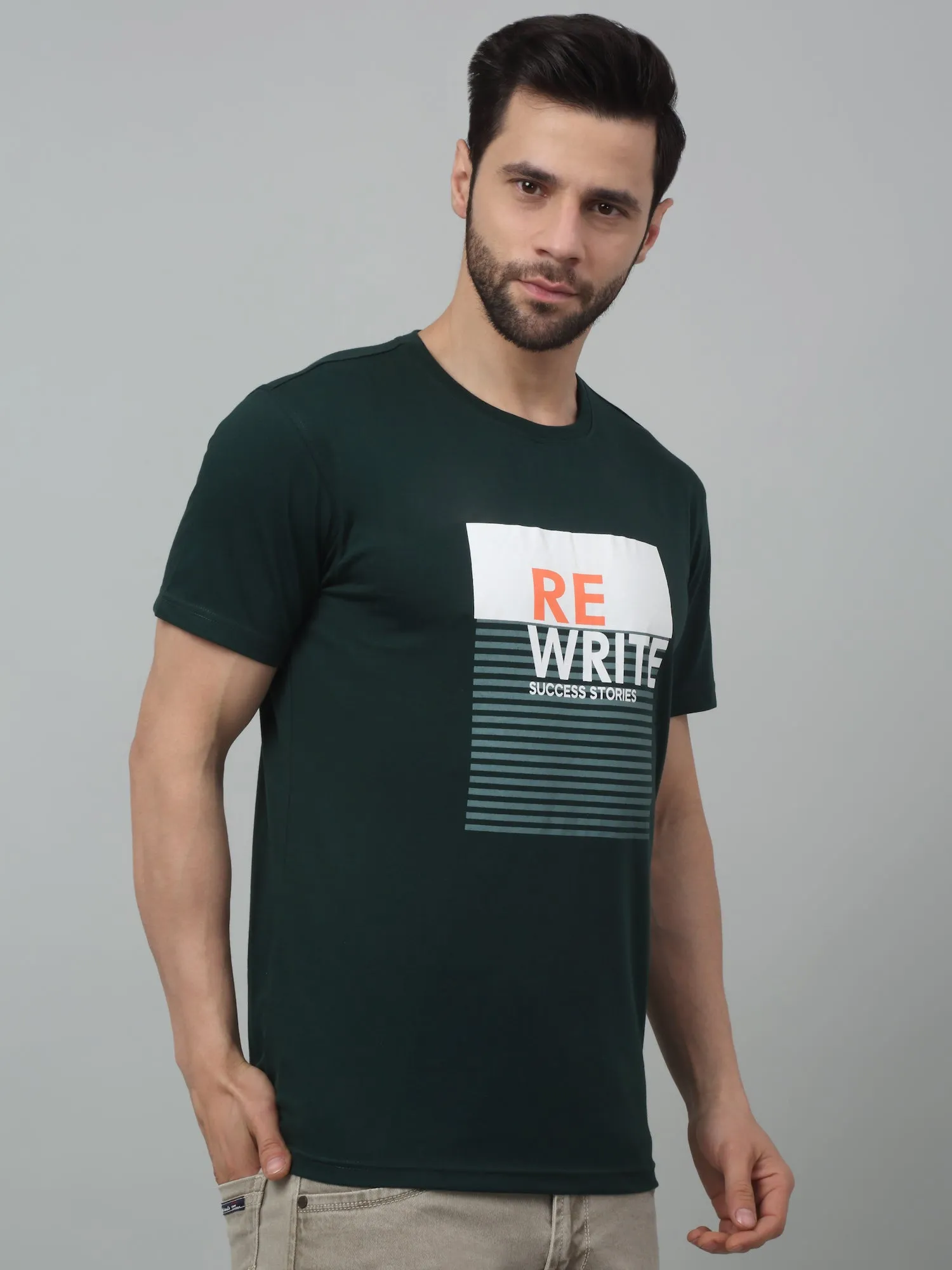 Cantabil Bottle Green Printed Round Neck Half Sleeve T-shirt For Men