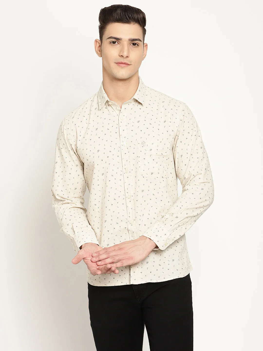 Cantabil Cotton Blend Printed Beige Full Sleeve Casual Shirt for Men with Pocket