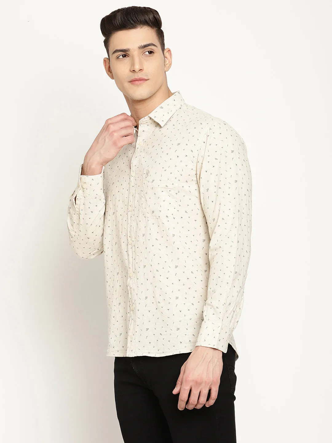 Cantabil Cotton Blend Printed Beige Full Sleeve Casual Shirt for Men with Pocket