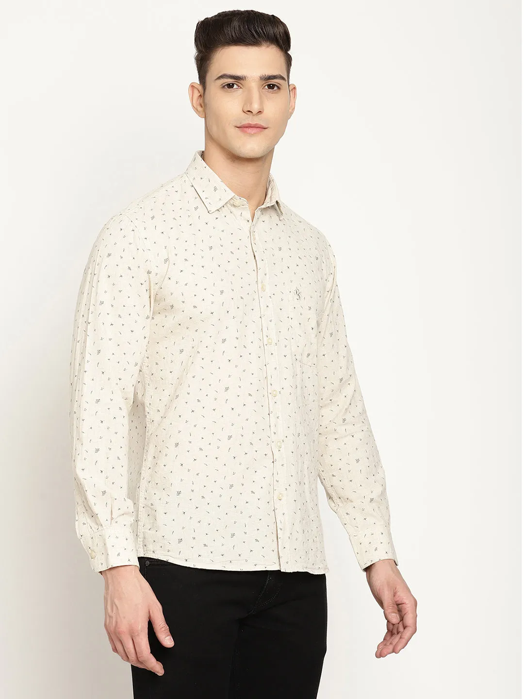 Cantabil Cotton Blend Printed Beige Full Sleeve Casual Shirt for Men with Pocket