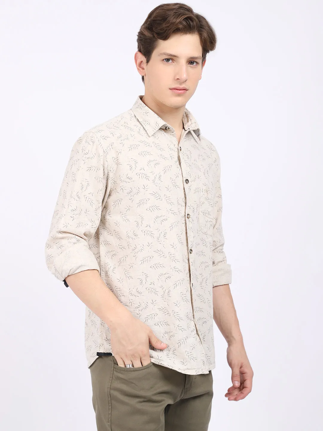 Cantabil Cotton Blend Printed Off White Full Sleeve Casual Shirt for Men with Pocket