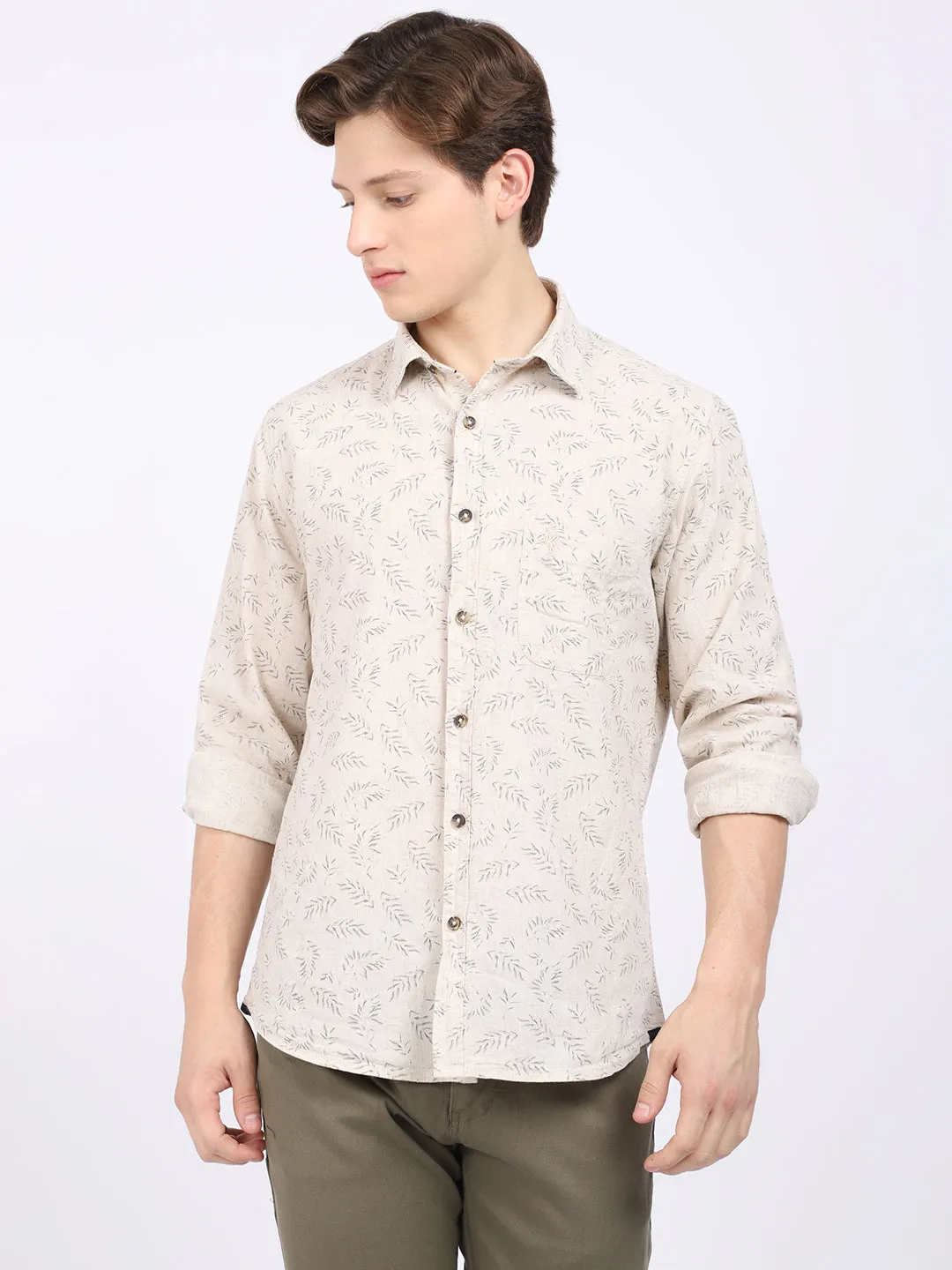 Cantabil Cotton Blend Printed Off White Full Sleeve Casual Shirt for Men with Pocket