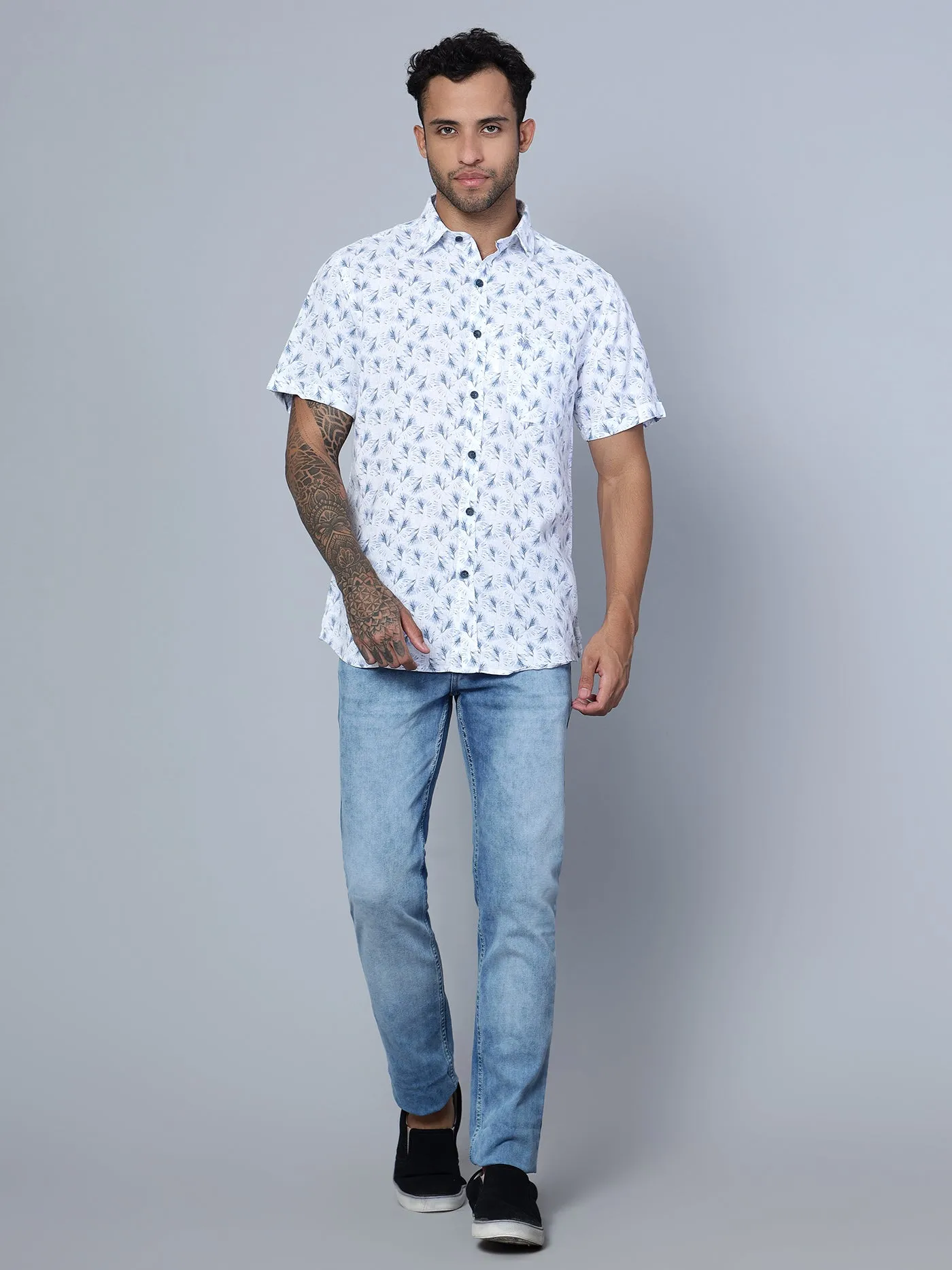 Cantabil Cotton Blend Printed Sky Blue Half Sleeve Casual Shirt for Men with Pocket