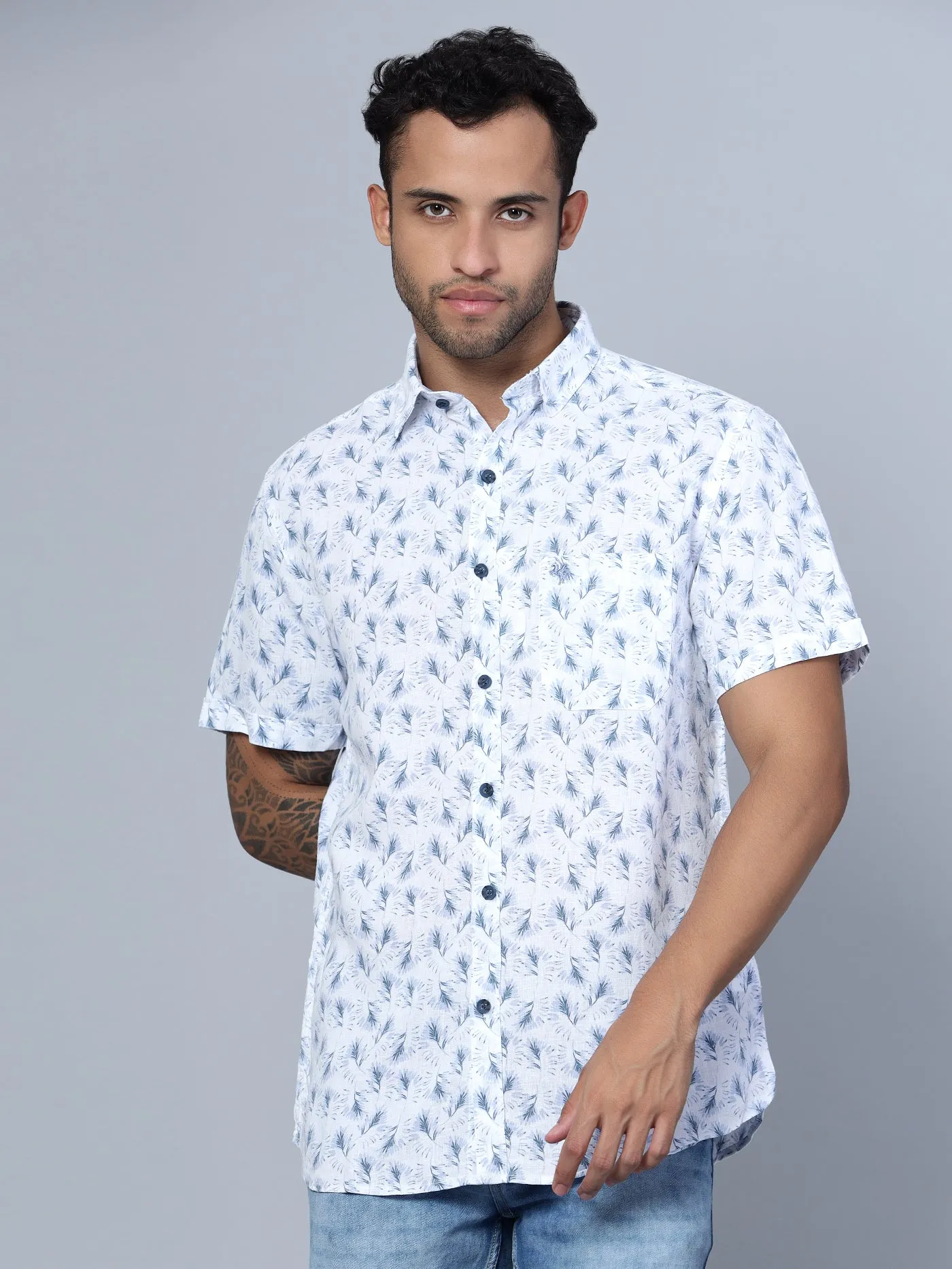 Cantabil Cotton Blend Printed Sky Blue Half Sleeve Casual Shirt for Men with Pocket