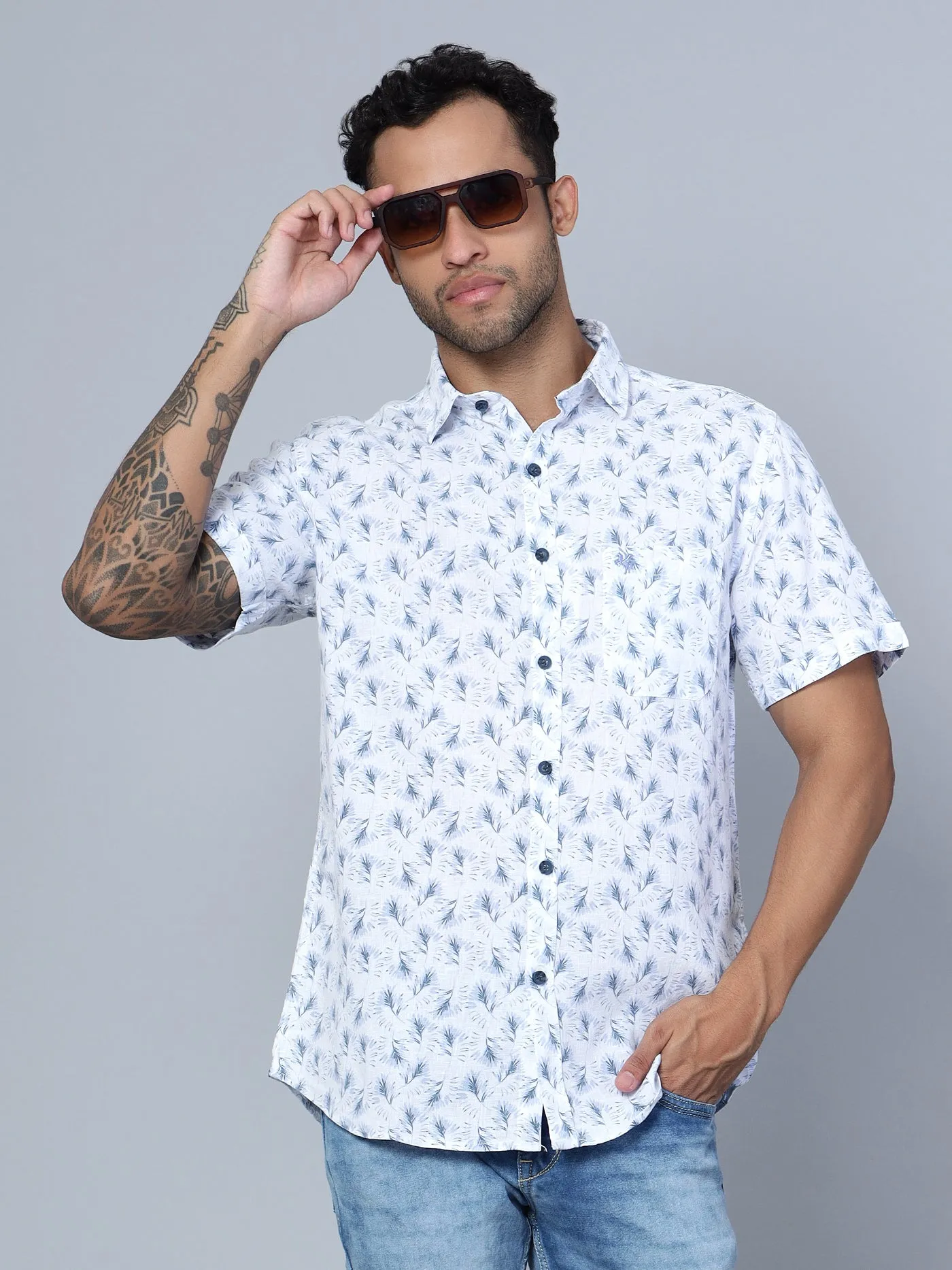 Cantabil Cotton Blend Printed Sky Blue Half Sleeve Casual Shirt for Men with Pocket